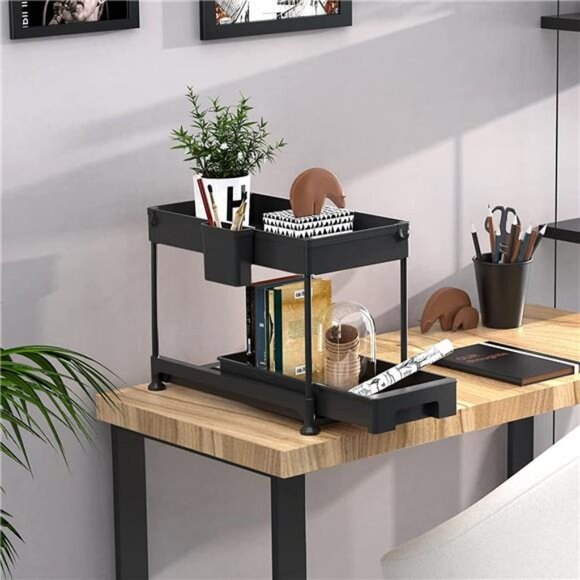 Sliding Cabinet Basket Organizer 2 Tier Under Bathroom Storage Black, 2 Pack - Picture 6 of 7